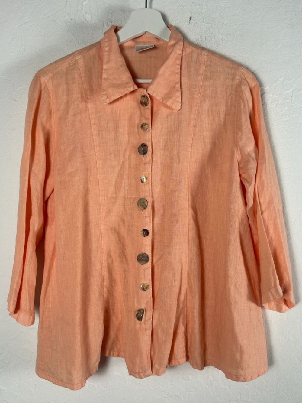 Click By Color Me Cotton Womens Linen Peach Button-Front Shirt Small 3/4 Sleeve